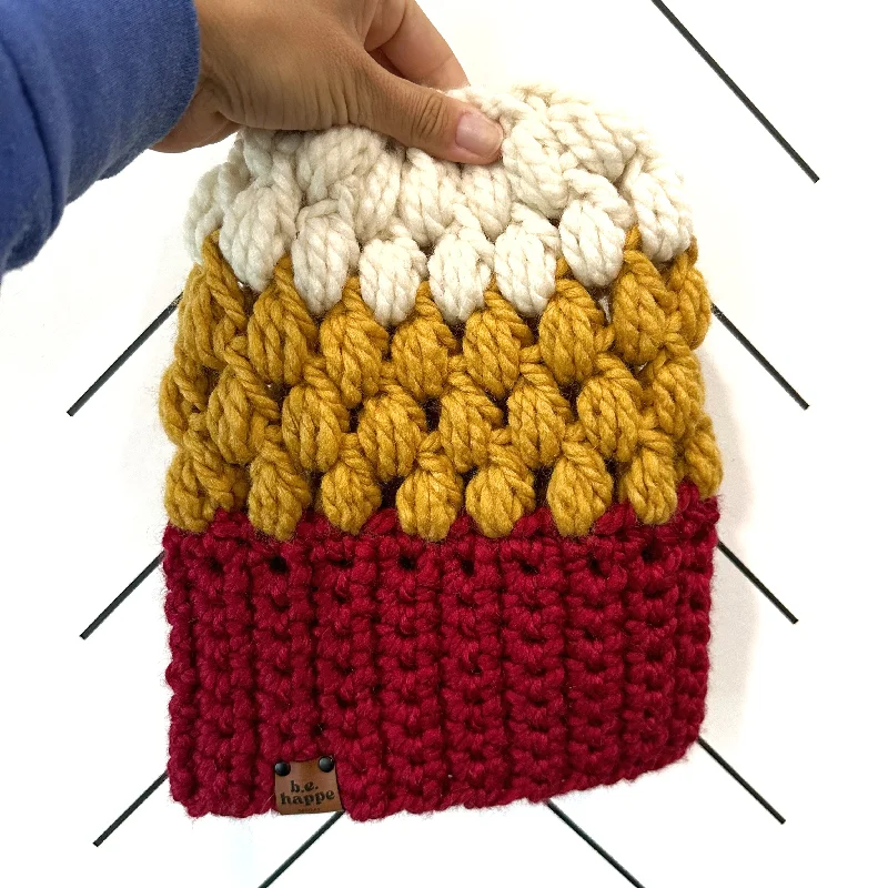 beanies for travel-  Crochet Puff Stitch Slouch Hat | Cranberry Red + Mustard Yellow  + Off White