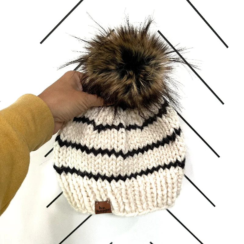 beanies for urban style-  Adult Stripe Pom Hat | Obsidian Black + Off White