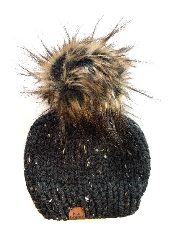 beanies with ribbed cuffs-  3-6 month Solid Knit Pom Hat | Obsidian Black