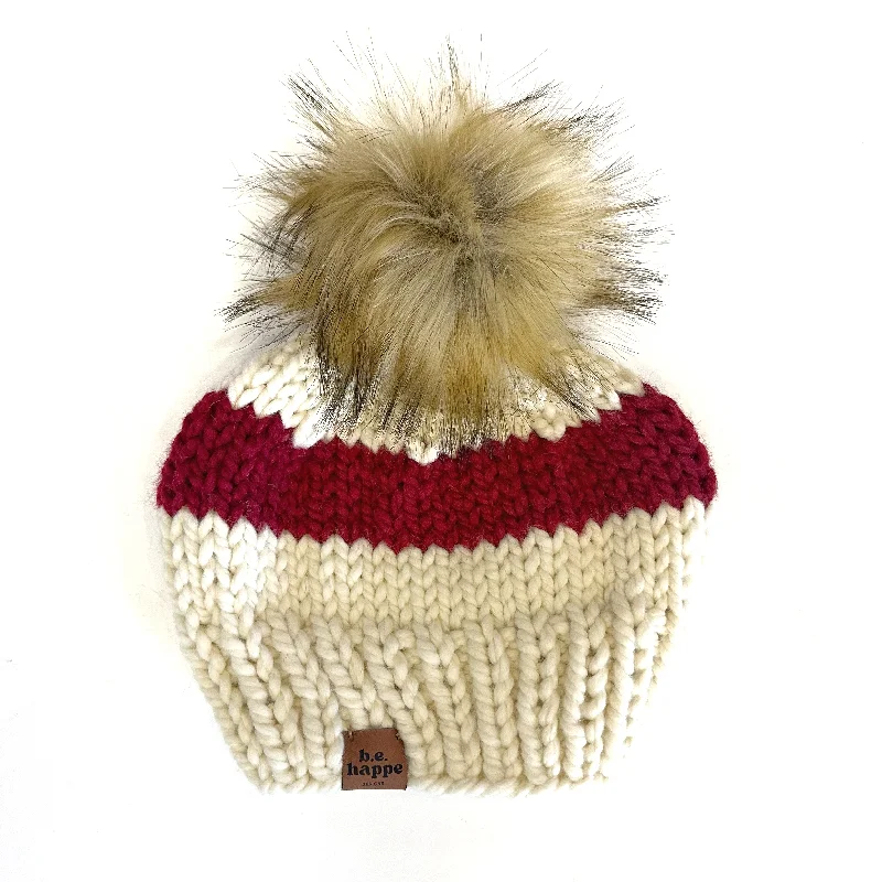 beanies with custom designs-  Adult Striped Knit Pom Hat | Taylor Swift inspired Cream + Red Beanie