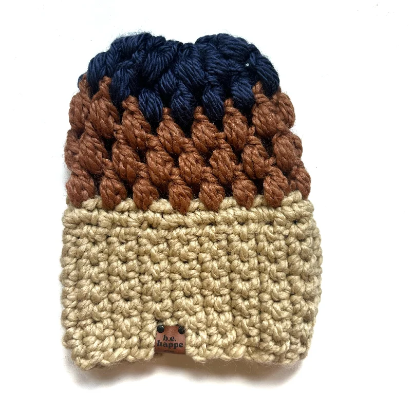 beanies for extreme weather-  Crochet Puff Stitch Slouch Hat | Tan + Brown + Blue