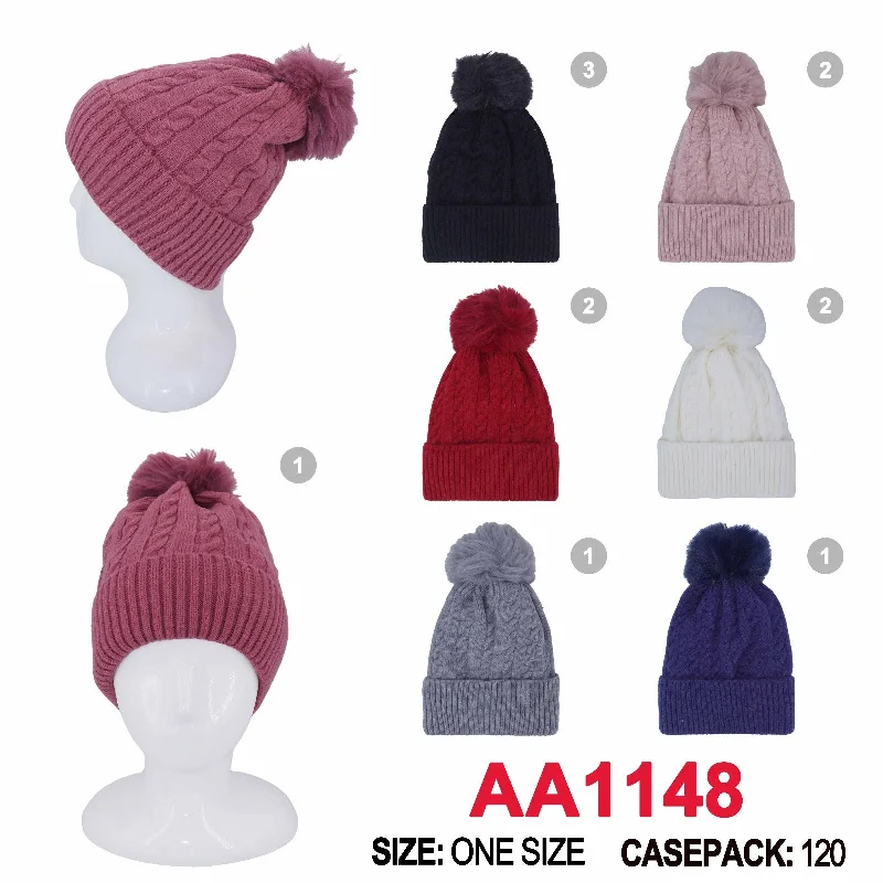 beanies with different colors-  Winter Cable Knitted Cuffed Hat Beanies Skull Cap Lining W/Pom AA1148