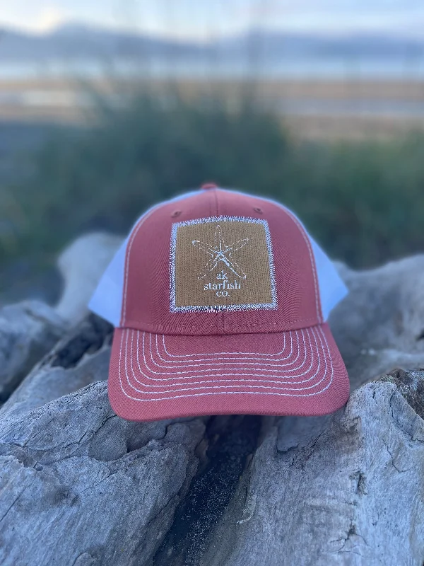 beanies for cold mornings-  Salmonberry / White AK Starfish Co. Patch Hat. $38.00