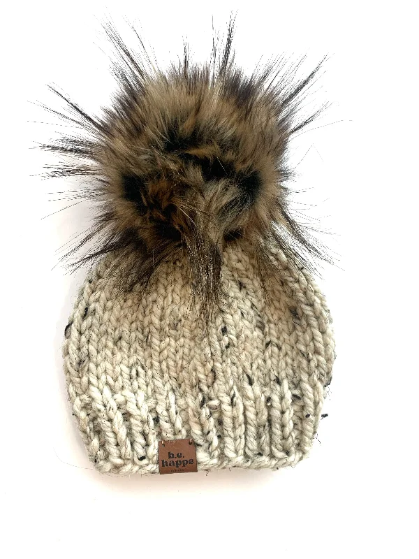 beanies with logos-  Adult Solid Knit Pom Hat | Oatmeal + Dark Faux Fur Pom