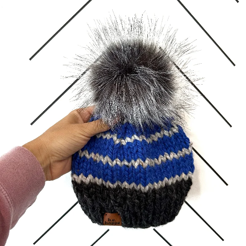 beanies for scenic winter walks-  6-12 month Baby Knit Pom Hat | Charcoal Gray + Royal Blue