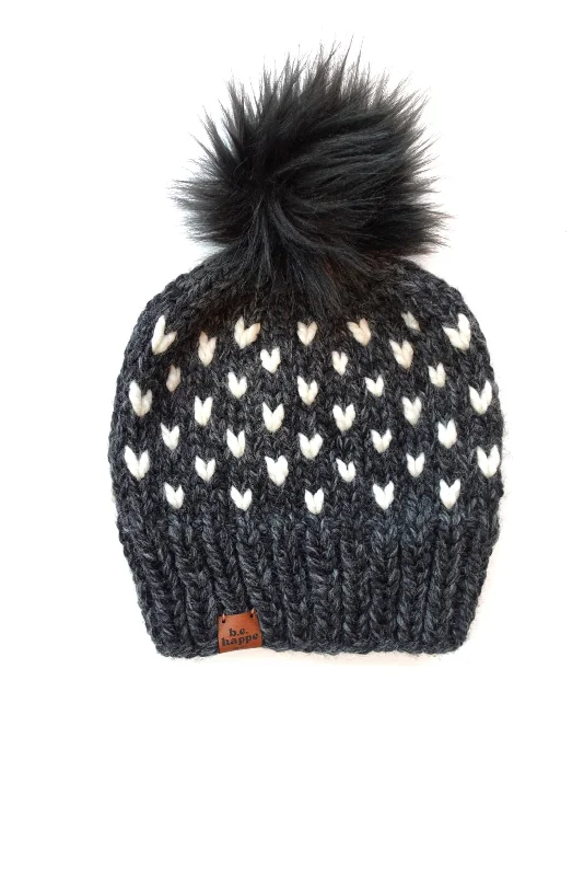 beanies for the perfect fit-  6-12 month Knit Heart Hat | Charcoal + Off White