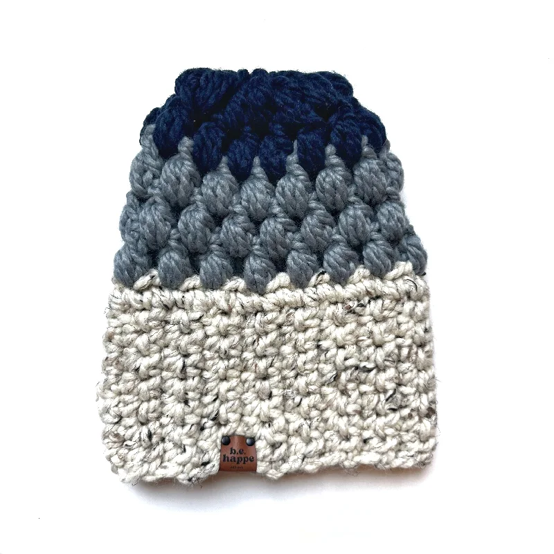 beanies with stylish prints-  Crochet Puff Stitch Slouch Hat | Oatmeal + Grey + Navy