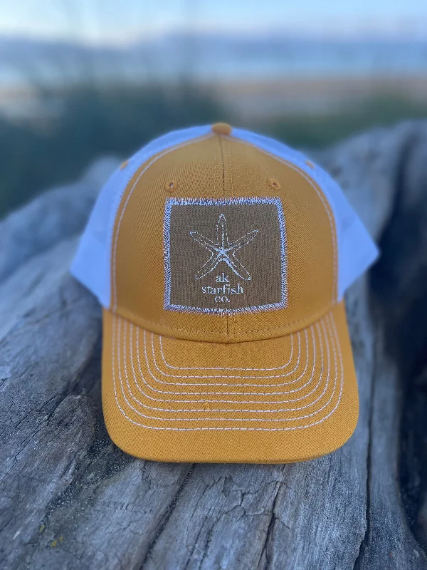 handmade beanies-  Honey / White AK Starfish Co. Patch Hat. $38.00