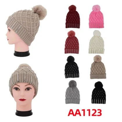 beanies with simple designs-  Women Winter Cable Knitted Hat Beanies Fur Lining Stone W/Pom AA1123