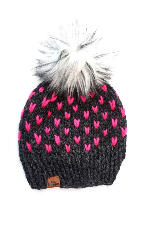 beanies for cool weather-  Wholesale Happe Hearts Pom Hat | Charcoal  Gray + Hot Pink