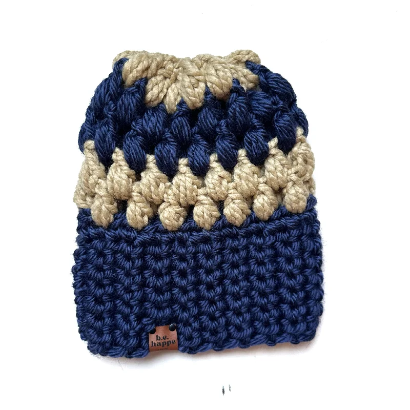 beanies with chic designs-  Crochet Puff Stitch Slouch Hat | Blue + Tan