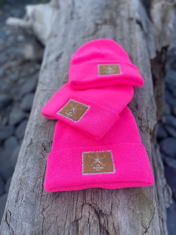 beanies for work-  Glow Pink AK Starfish Co. Patch Beanie 38.00