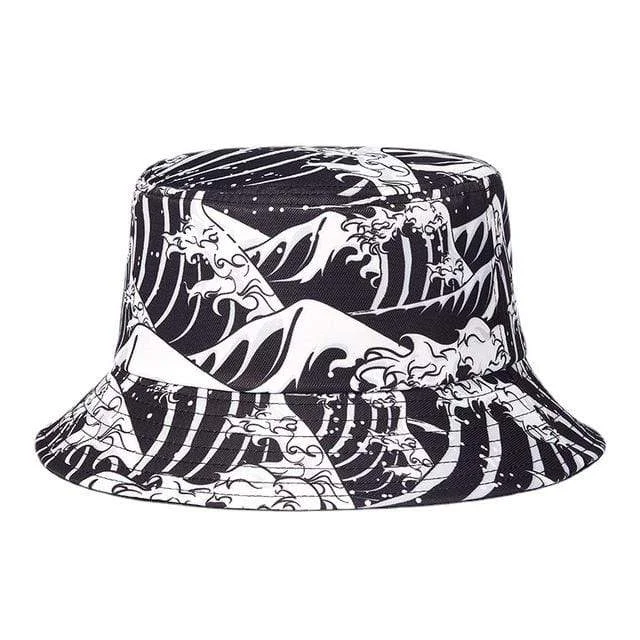 Bucket hats with solid colors for minimalist style-Men's Wave Printed Sun Protection Floppy Visor Bucket Hat