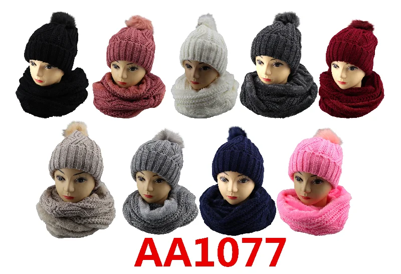 beanies for work-  Wholesale Knit Cable Beanie Hats W/Fur Pom And Fur Infinity Scarf 2 PC Set, AA1077