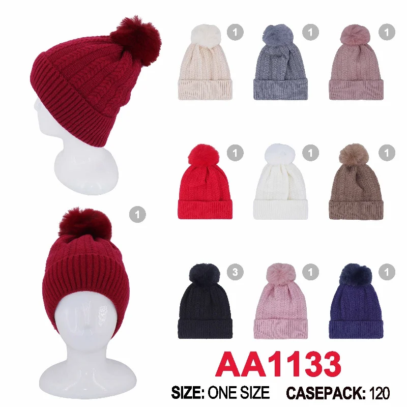 beanies for windy weather-  Winter Cable Knitted Cuffed Hat Beanies Pom Skull Cap Fur Lining AA1133