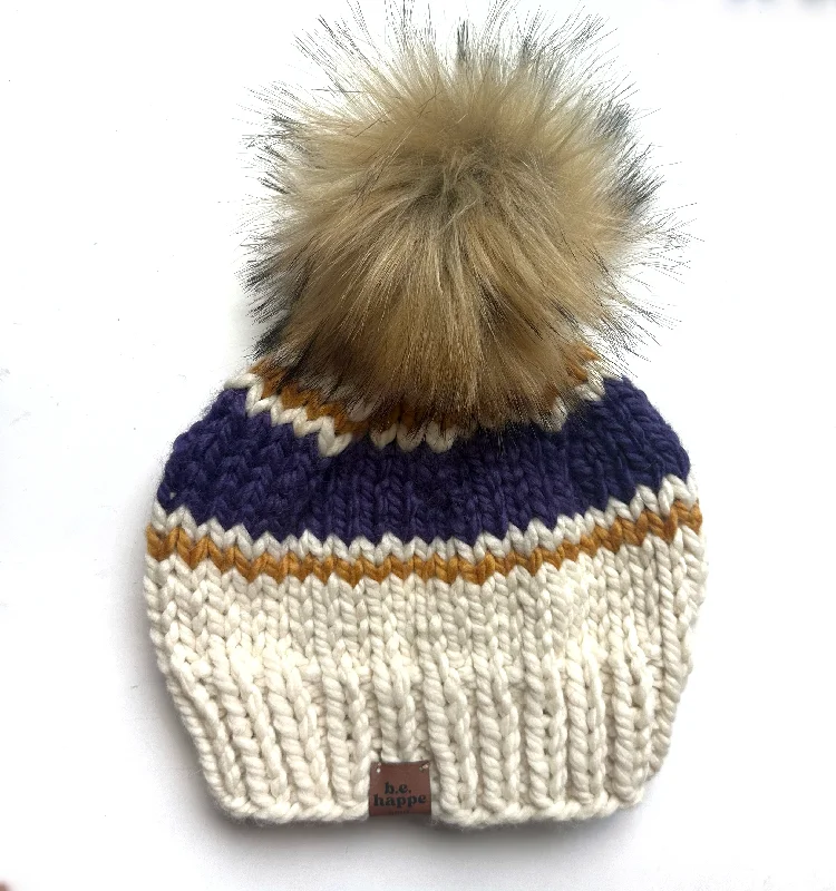 beanies with cozy wool-  Adult Stripe Knit Pom Hat | Off White + Purple + Mustard Yellow