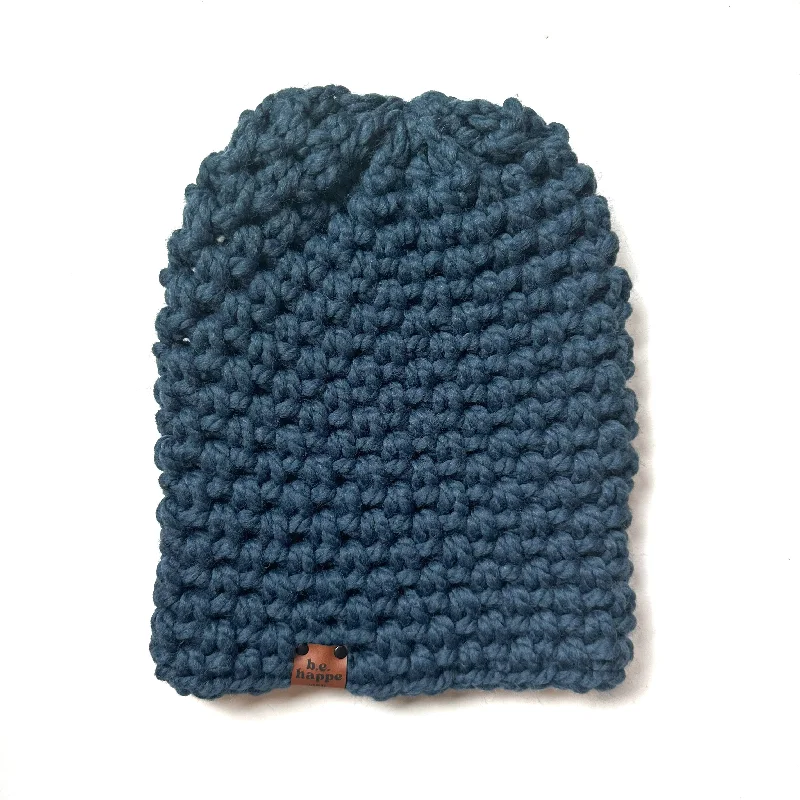 beanies with detachable pompom-  Crochet Simple Slouch Hat | Petrol Blue