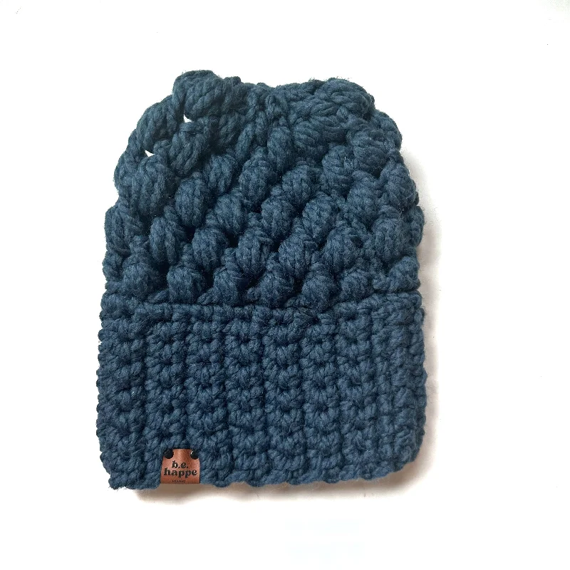 beanies with adjustable ear flaps-  Crochet Puff Stitch Slouch Hat | Petrol Blue