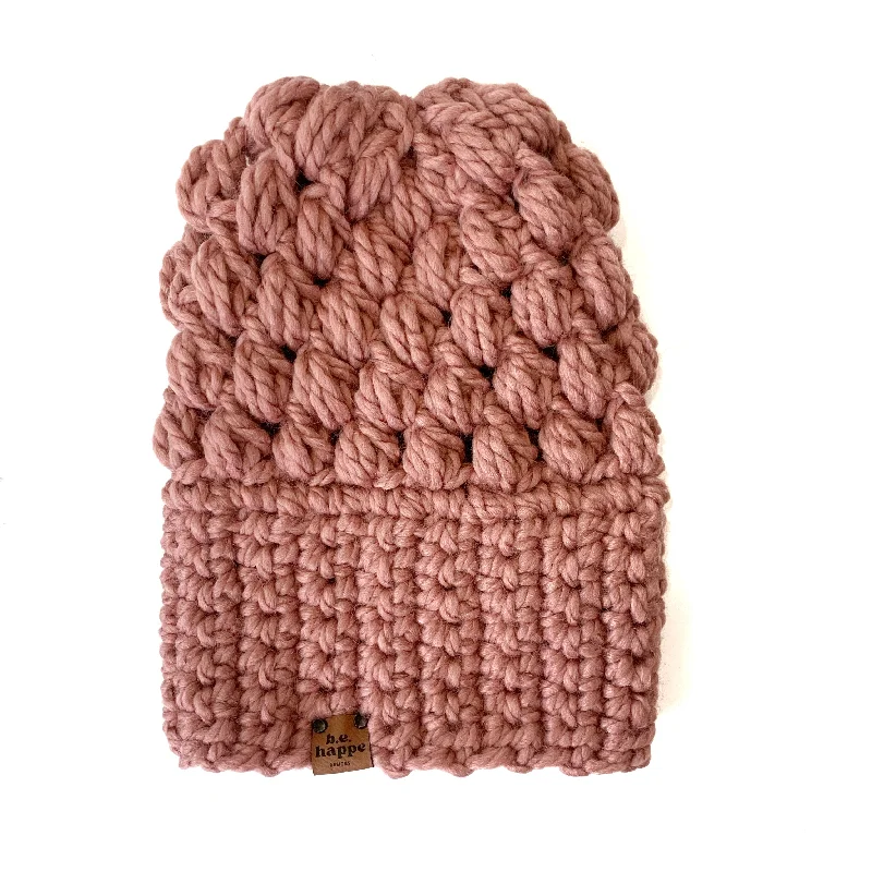 beanies with ribbed texture-  Crochet Puff Stitch Slouch Hat | Dusty Pink