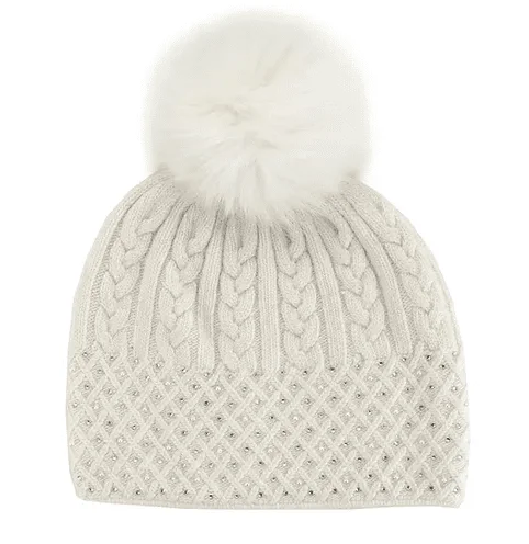 beanies for travel comfort-  Mitchie's Matchings Women's Cable Sparkle Hat with Crystals and Fox Fur Pom