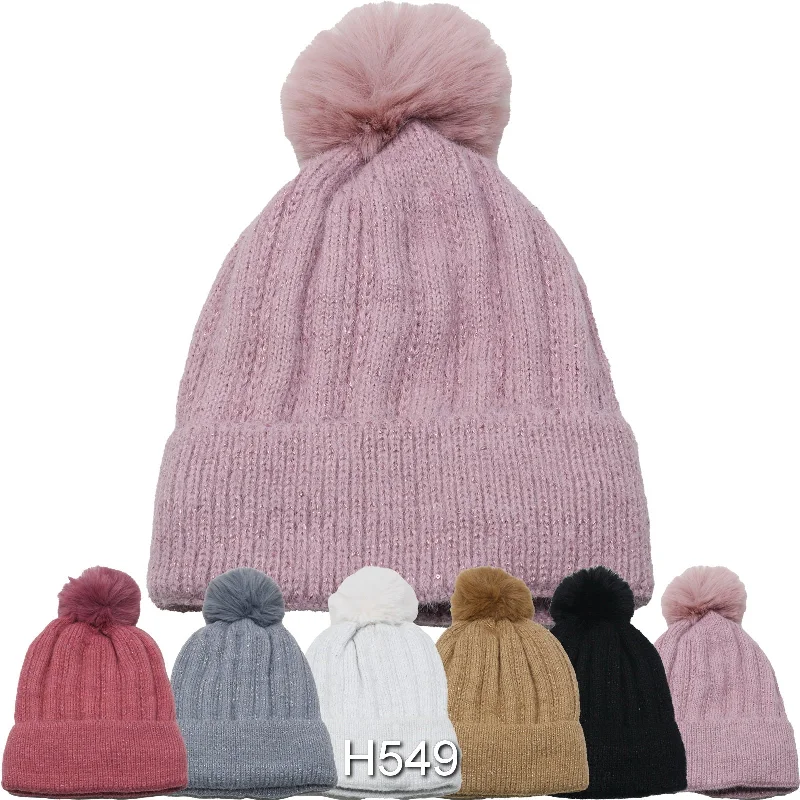 beanies for social gatherings-  Wholesale Knit Beanie Cuffed Long Hats W/Fur Pom H549