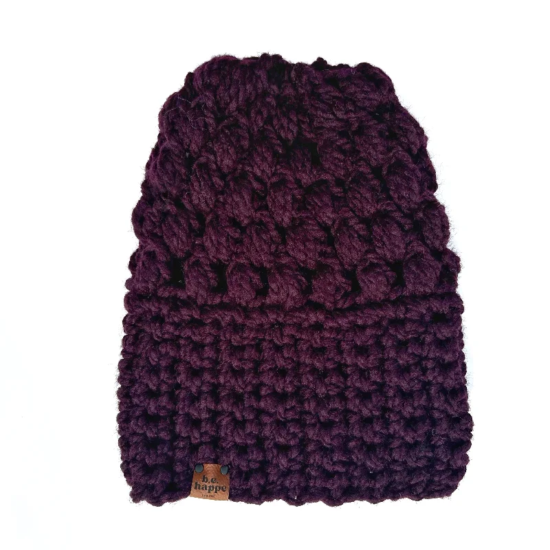 beanies for a chic look-  Crochet Puff Stitch Slouch Hat | Eggplant Purple