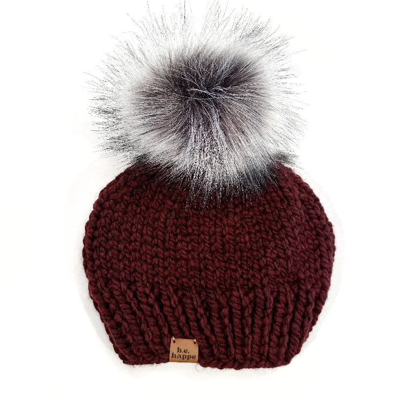 beanies for stylish outdoor wear-  Adult Solid Knit Pom Hat | Burgundy/Maroon