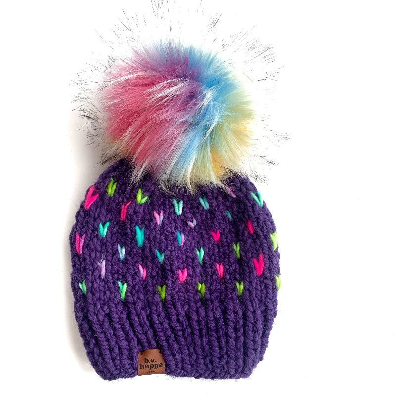 beanies for casual wear in winter-  Youth Knit Heart Pom Hat | Purple Rainbow