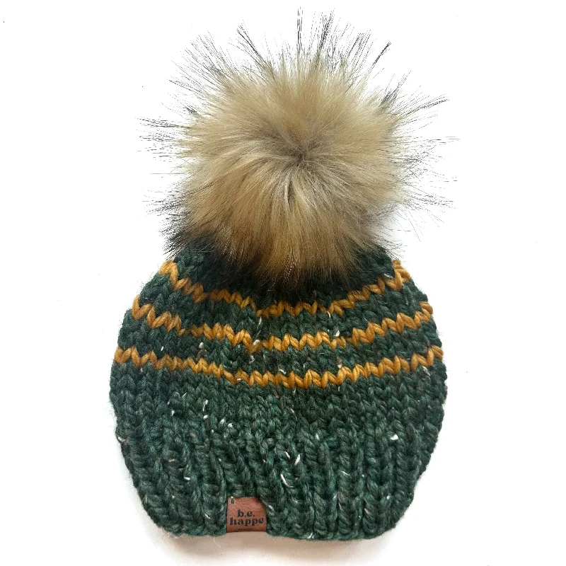 beanies for snowy mountain hikes-  Adult Rugby Stripe Knit Hat | Green + Mustard Yellow