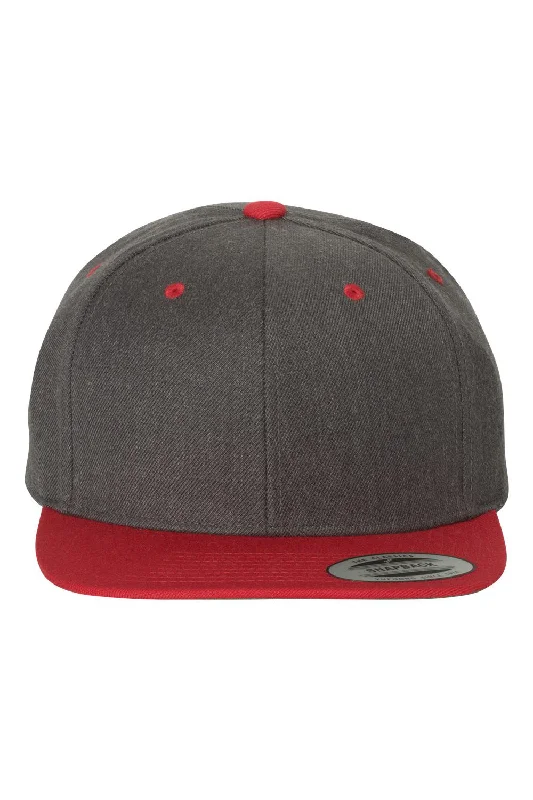 Men's hats for winter gear protection-mens hats made to last-Yupoong Mens Premium Flat Bill Snapback Hat - Heather Dark Grey/Red