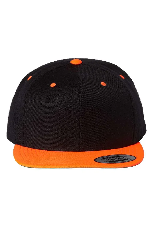 Men's hats for winter expeditions-mens hats with sharp lines-Yupoong Mens Premium Flat Bill Snapback Hat - Black/Neon Orange