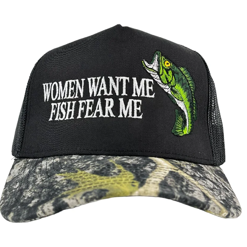 wool hats for heading outdoors in the cold winter months-womens winter hats with stylish textures-WOMEN WANT ME FISH FEAR ME BASS HAT CUSTOM EMBROIDERY