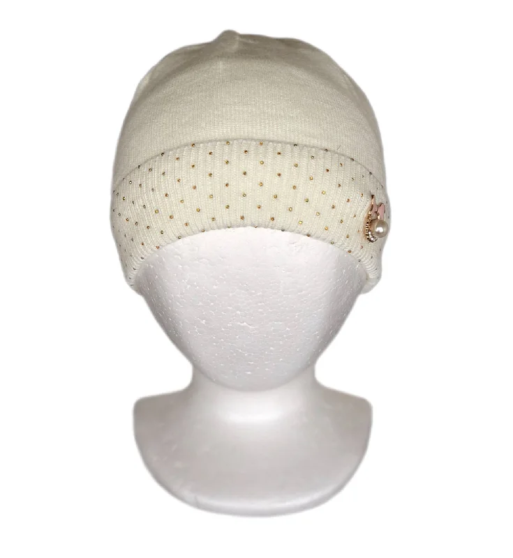 beanies with playful pompom-  White Spring Winter Knitted Hat with Gold Crystals