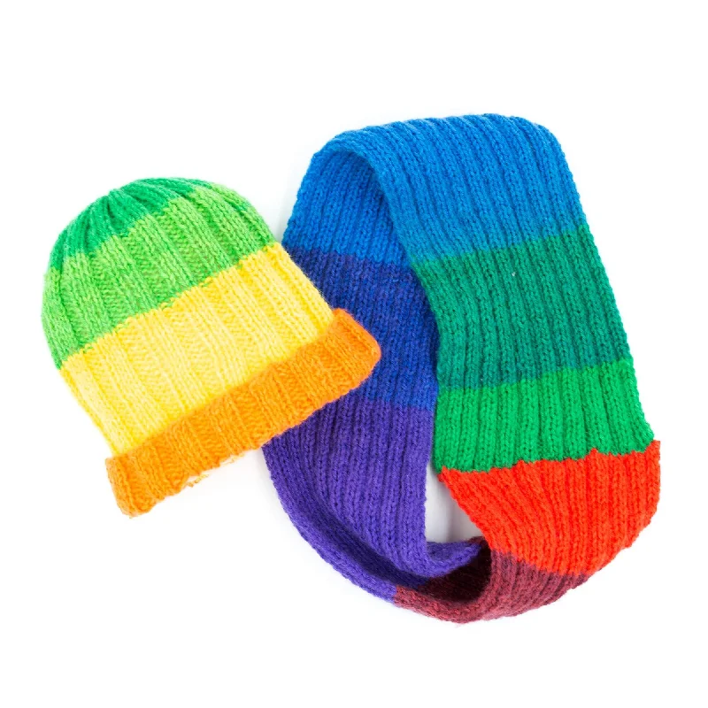 hand-knitted beanies-  Knit Kit - Rainbow Hat and Cowl Set