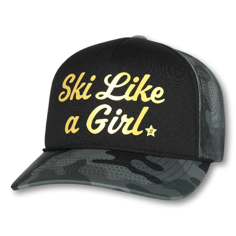 beanies for chilly nights-  CURSIVE CAMO SKI LIKE A GIRL