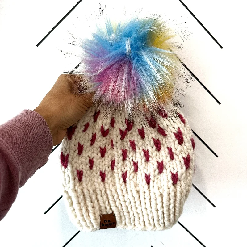 knitted beanies-  Adult Happe Hearts | Off White + Pink Raspberry Rainbow