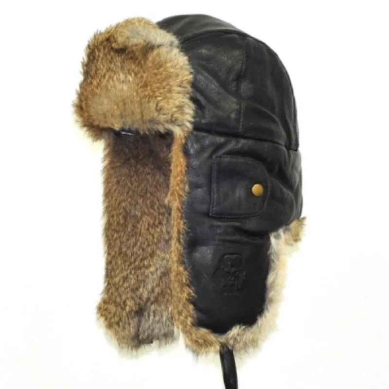 beanies with vibrant colors-  Mad Bomber Black Leather Rabbit Bomber Hat