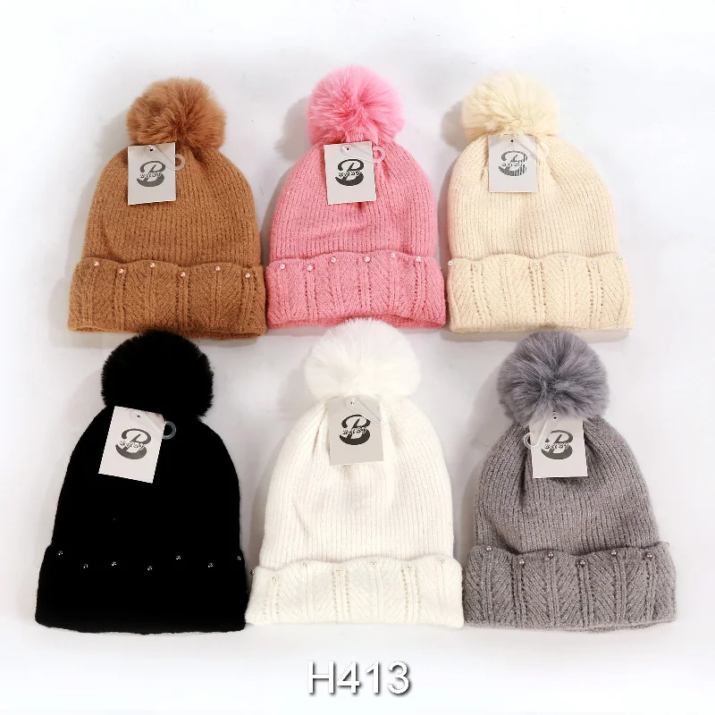 beanies with windproof design-  Kids Boys Girls Winter Warm Hats Caps Lining W/Pom, H413