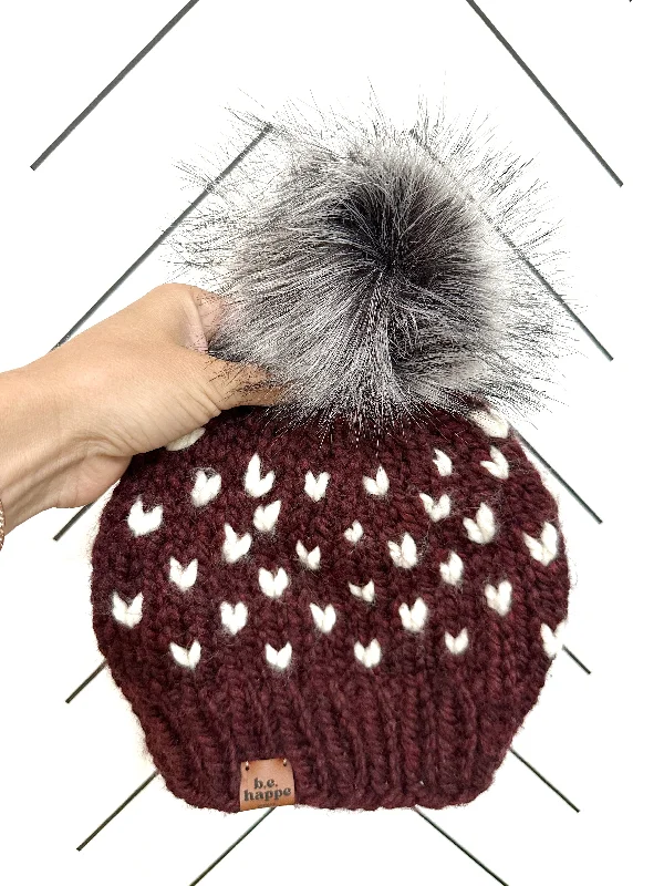 beanies for long snow days-  Adult Knit Heart Pom Hat | Maroon + Off White