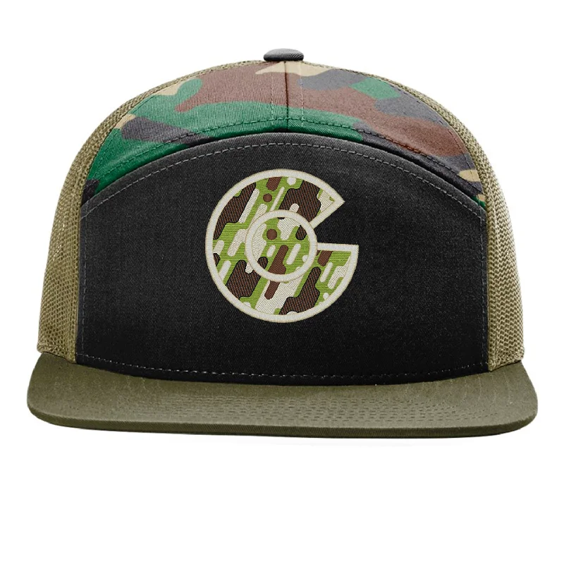 beanies for stylish layering-  Limited Edition - C logo Camo 7 Panel Richardson Flat Bill Snap Back Hat - Dark Olive, Black and Camo