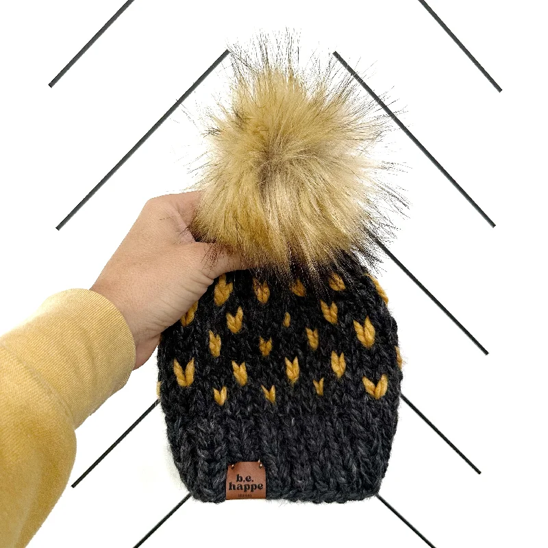 beanies with different textures-  Adult Heart Pom Hat | Charcoal + Mustard