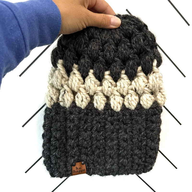 beanies for snowy weather-  Crochet Puff Stitch Slouch Hat | Charcoal Gray + Oatmeal