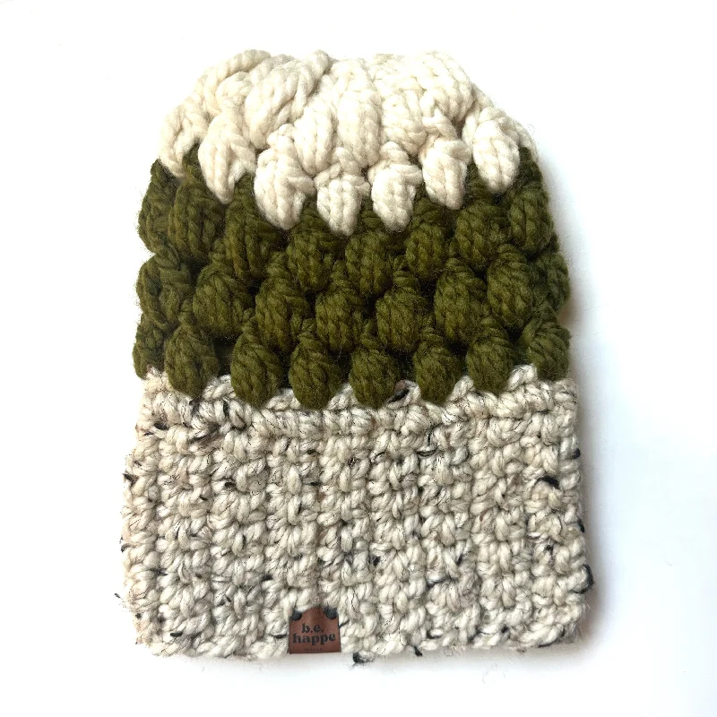 beanies for cold weather activities-  Crochet Puff Stitch Slouch Hat | Oatmeal + Green + Off White