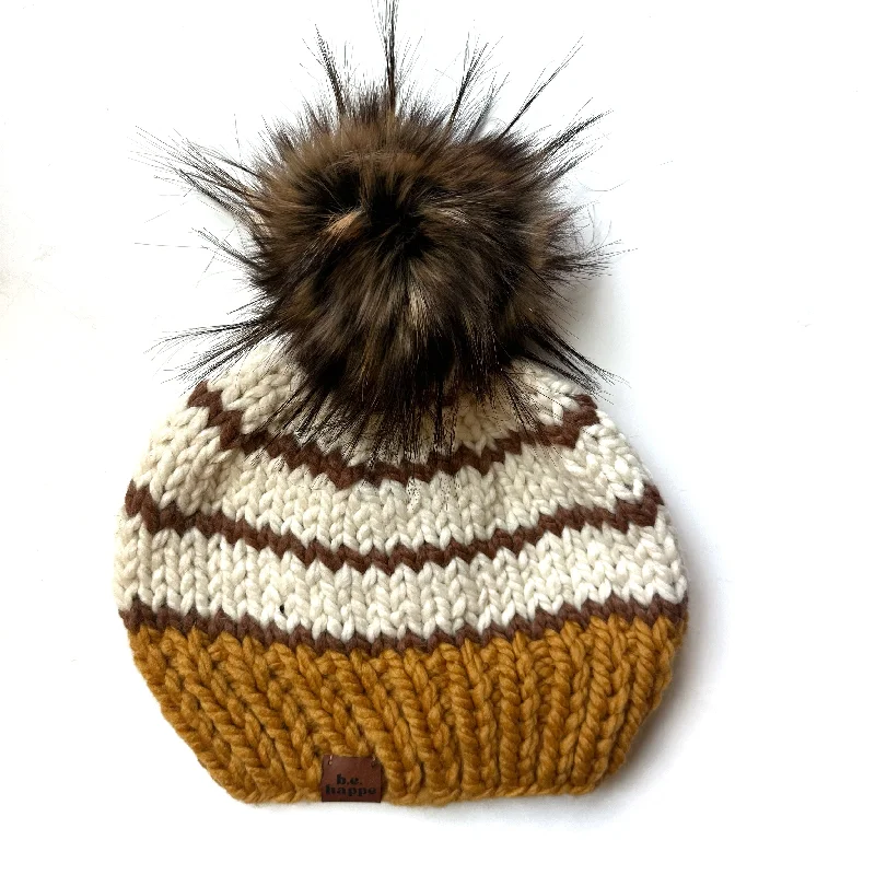 beanies for chilly nights-  Adult Stripe Knit Pom Hat | Mustard Yellow + Brown