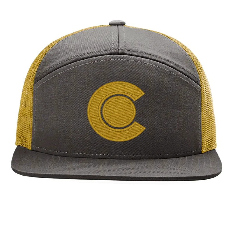 beanies for warmth on the go-  Limited Edition - C logo 7 Panel Richardson Flat Bill Snap Back Hat - Dark Charcoal and Gold