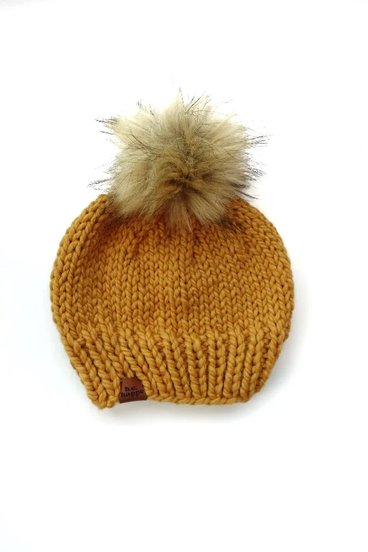 beanies for heavy snow-  Adult Solid Knit Pom Hat | Mustard Yellow