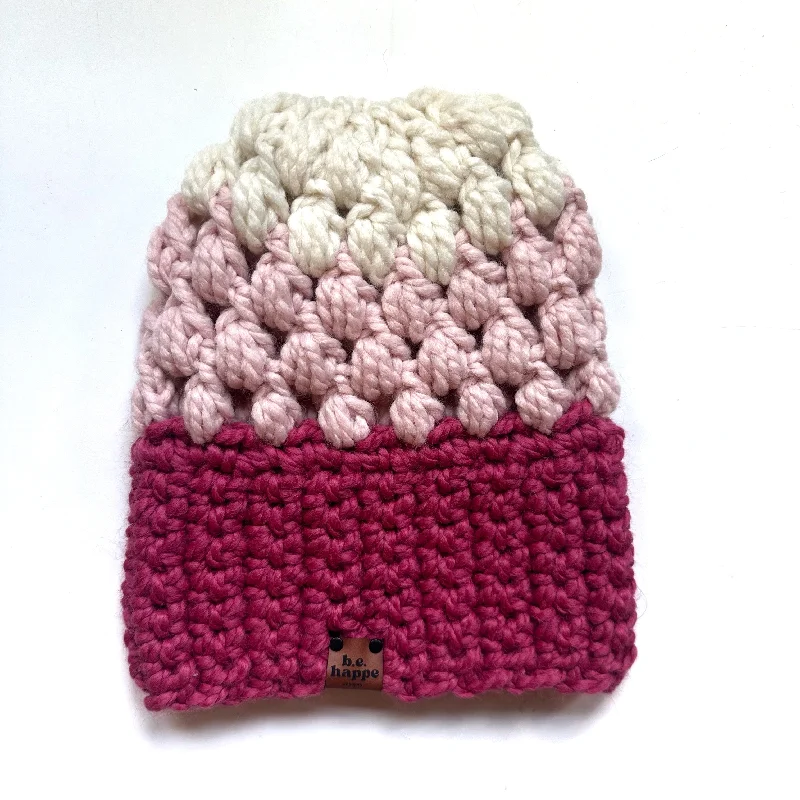 beanies for long flights-  Crochet Puff Stitch Slouch Hat | Pink + Cream