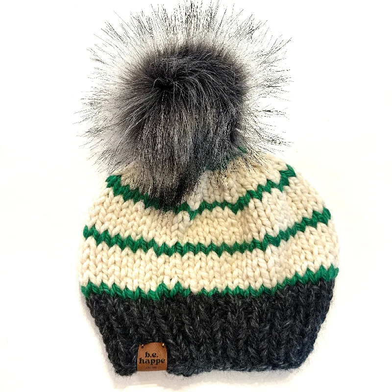 beanies for chilly mornings and evenings-  Adult Striped Knit Pom Hat | Charcoal Gray + Kelly Green