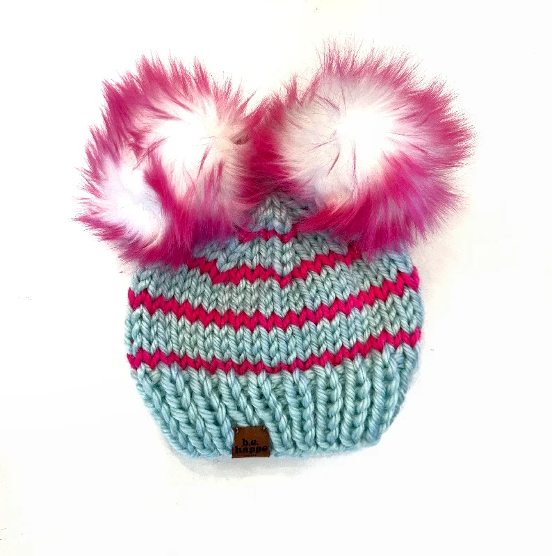 women's plaid beanies for cozy, stylish warmth-Toddler Stripe Knit Double Pom Pom Hat | Wool Free Blue + Hot Pink