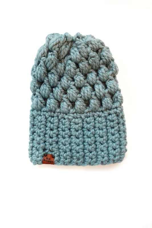 beanies for warm weather-  Crochet Puff Stitch Slouch Hat | Succulent Blue